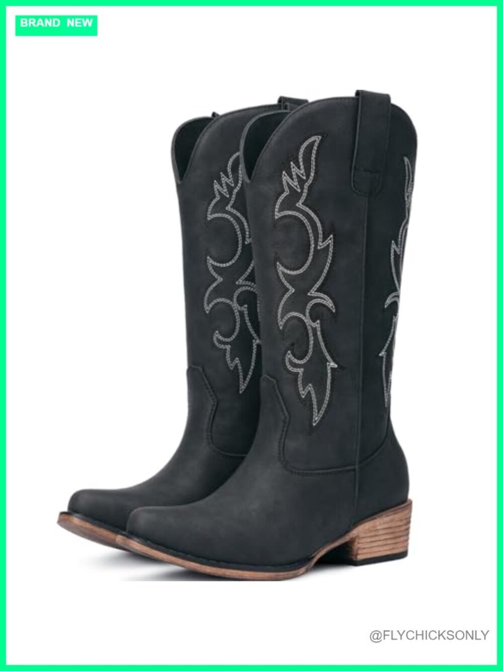 Mid Calf Cowgirl Boots with Retro Embroidery Western Chunky Heel Pull On